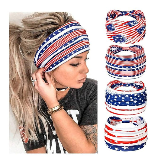 4th of July Womens Headband Independence Day Hair Accessories Patriotic Wide Headbands for Women Red White and Blue Hairband American Flag USA Pride Party Decor (Pack of 4)