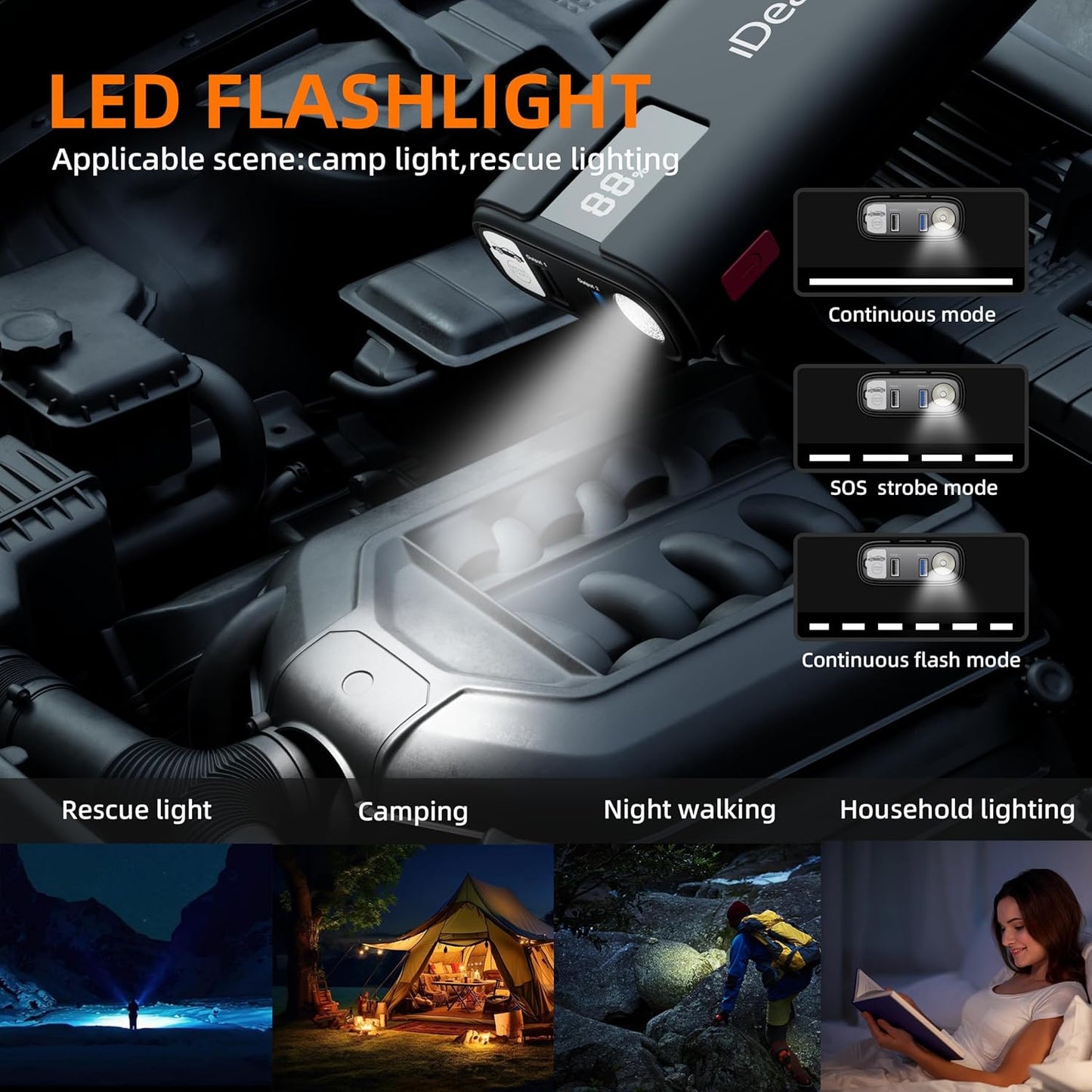 IDEAPLAY J10 Jump Starter, 2000A 12V Car Battery Jump Starter Portable for Up to 8.0L Gas and 7.0L Diesel Engine, Jump Box with Jumper Cables, Type C Fast Charging Battery Jumper with LED Flashlight