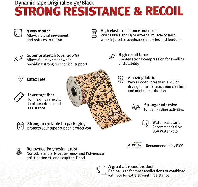 Dynamic Tape | Biomechanical Adhesive Tape | Physio Tape for Knee, Ankle, Shoulder, Leg, Muscle Support | Sports Tape for Football, Rugby, and More - Ideal for Athletes | Black & Beige - 2" Width