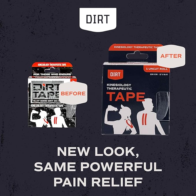 DIRT Tape-Pre Cut Athletic Kinesiology Tape-Muscle Pain Relief & Joint Support-Premium Elastic Cotton-Latex-Free-Water Resistant-Gym, Indoor & Outdoor Sports- Single roll (16.4 ft)-Black w/Logo