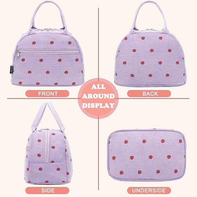 FlowFly Insulated Lunch Bag for Women – Corduroy Lunch Tote Box, Cute Cooler Bag for Work, Travel, Picnic,Corduroy Strawberries Purple