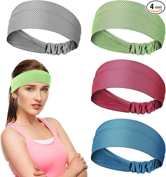 Coume 4 Pcs Cooling Headbands for Women Men Sweat Absorbing Headbands Stretchy Sports Hair Bands for Running, Yoga, Golf, Camping, Biking, Tennis