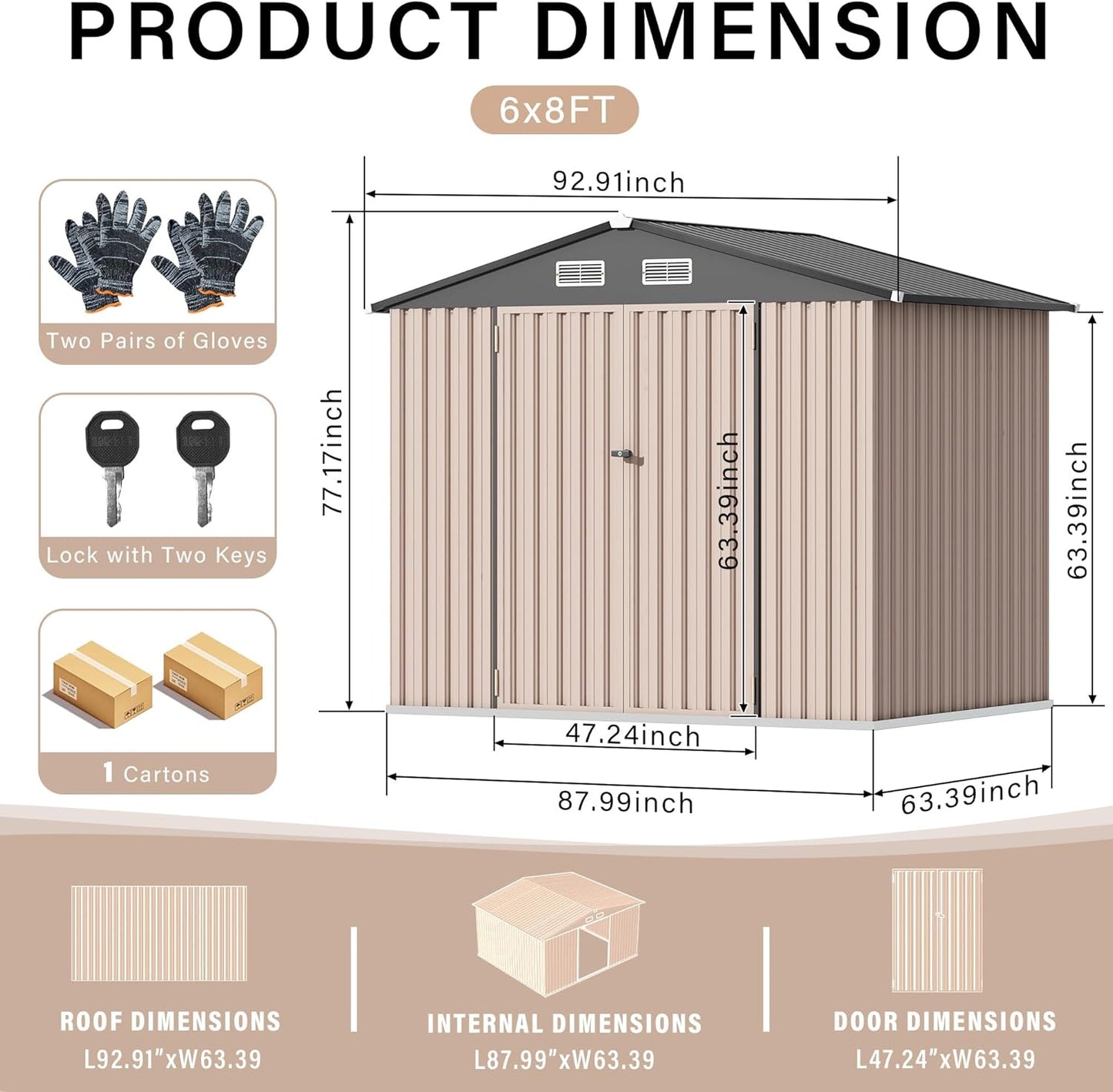 6x8x6.4 FT Outdoor Storage Sheds, Metal Garden Tool Shed for Backyard, Large Metal Sheds Outdoor Storage with Lockable Doors & Air Vents for Backyard Garden Patio Lawn
