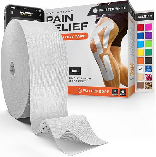 Kinesiology Tape-Incredible Support for Athletic Sports and Recovery + Free Taping Guide-Uncut 2 inch 100 feet Roll (Frosted White + Free Taping Guide, Pack of 1)