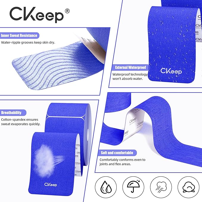 CKeep 4 Rolls Kinesiology Tape, Original Cotton Elastic Athletic Tape, 20 Precut 10" Strips Each, Blue, Ideal for Muscle Support & Injury Prevention
