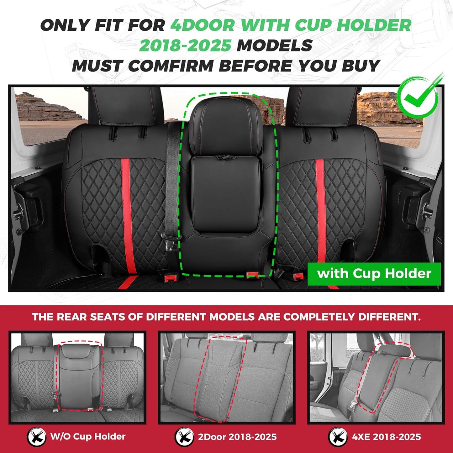 for Jeep Wrangler Seat Covers 4Door JL 2018 2019 2020 2021 2022 2023 2024 2025, Custom Car Seat Cover Full Set, Luxury Waterproof Leather Seat Protectors, Black Red Trim, With Rear Cup Holder