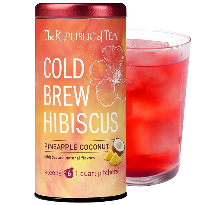 The Republic of Tea – Cold Brew Hibiscus Pineapple Coconut Iced Tea, Large Herbal Iced Tea Pouches, Steeps Six One-Quart Pitchers