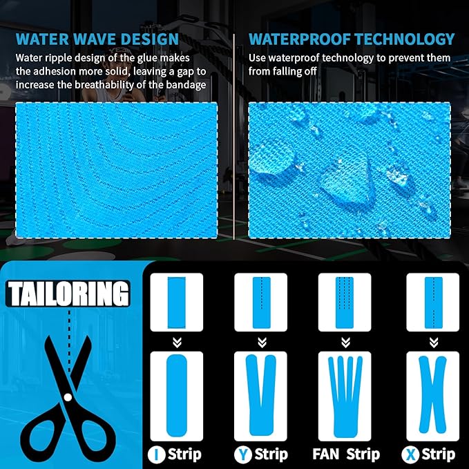 Kinesiology Tape (4 Rolls Pack),Waterproof Athletic Tape for Pain Relief,Brace & Elastic Supports Tapes for Ankle Wrists Knees Joints,2 Inches Wide x 16.4 Feet Long (Blue)