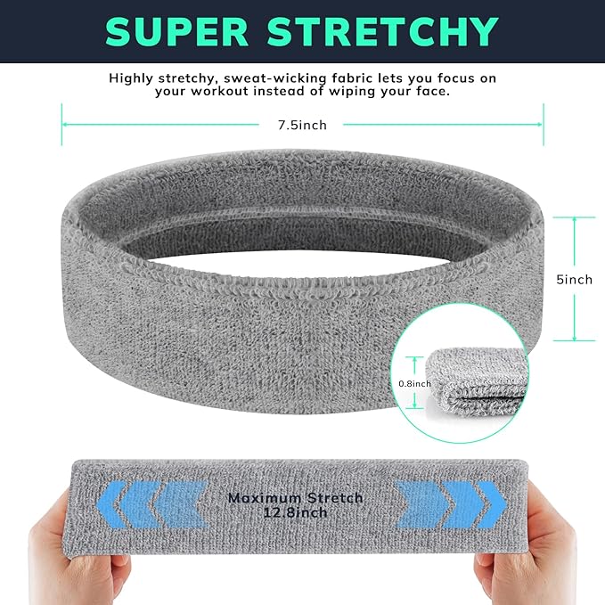 Sweatbands Sports Headband for Men & Women - Terry Cloth Moisture-Wicking Sports Towel Headband for Tennis, Basketball, Running, Gym, and Fitness Working Out