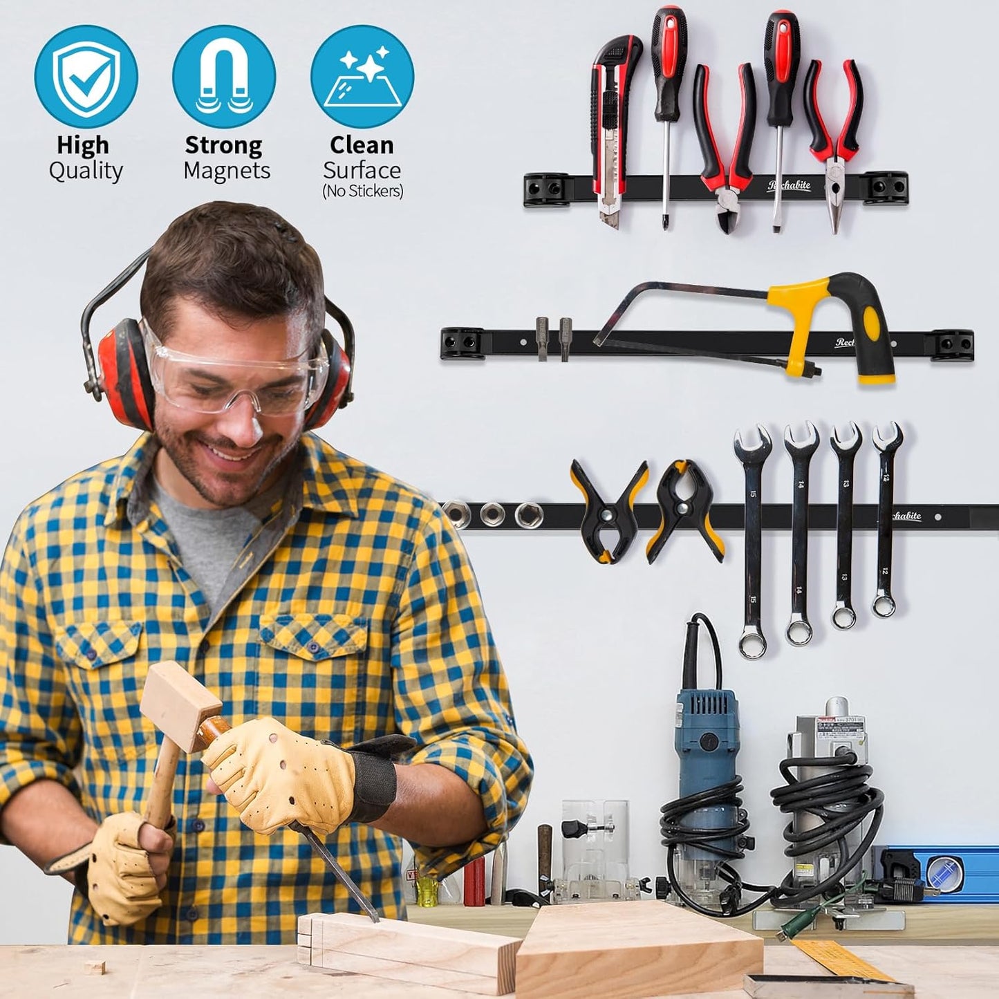 12" 18" 24" Magnetic Tool Holder Strip, Black Magnet Bar, Metal Tool Organizer Rack for Garage Organization, Easy To Install in Workshop, Mounting Screws Included