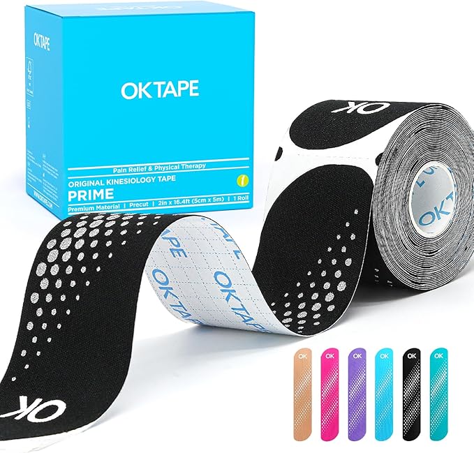 OK TAPE Synthetic Kinesiology Tape Precut Strips, Waterproof Kinesiology Athletic Tape for Joint & Muscle Support, Reflective and Durable K Tape, 2in×16.4ft Roll 20PCS, Black