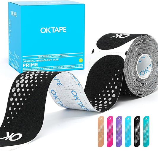 OK TAPE Synthetic Kinesiology Tape Precut Strips, Waterproof Kinesiology Athletic Tape for Joint & Muscle Support, Reflective and Durable K Tape, 2in×16.4ft Roll 20PCS, Black