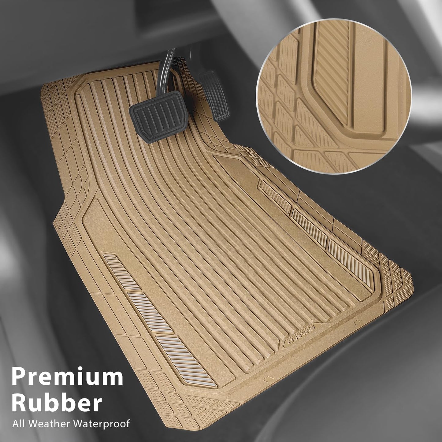 CAR PASS Heavy Duty Sporty Rubber Car Mats, Deep Dish All Weather Car Floor Mats Full Set, Waterproof Anti-Slip Automotive Matts Rugs Trim to Fit for Most Sedans SUVs, 4-Piece All Beige