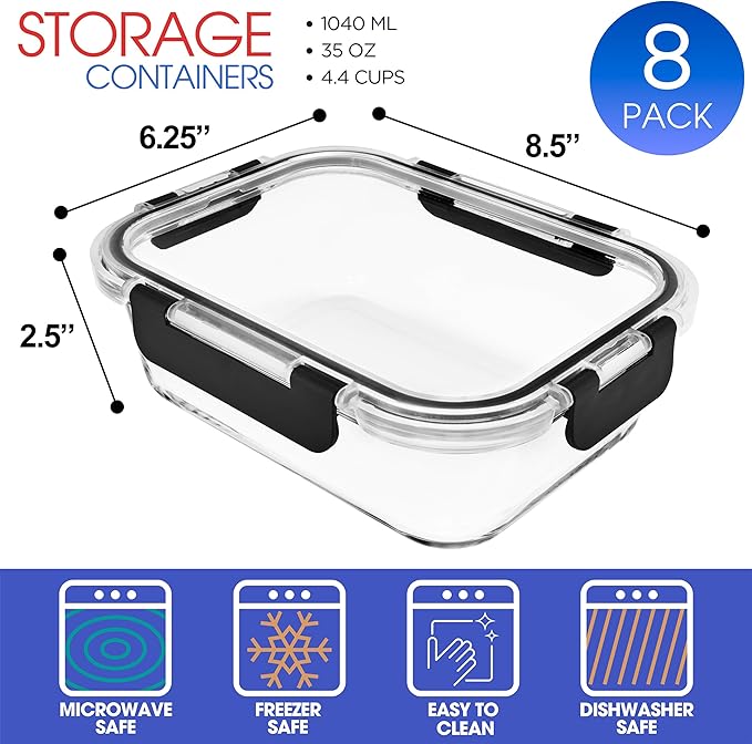 Sorbus 16pc (8 Rectangular 35oz Food Storage Containers and 8 Airtight Lids) – 4.4 Cup Glass Meal Prep Containers, Dishwasher, Freezer, and Oven Safe – Reusable Glass Food Containers for Meal Prep
