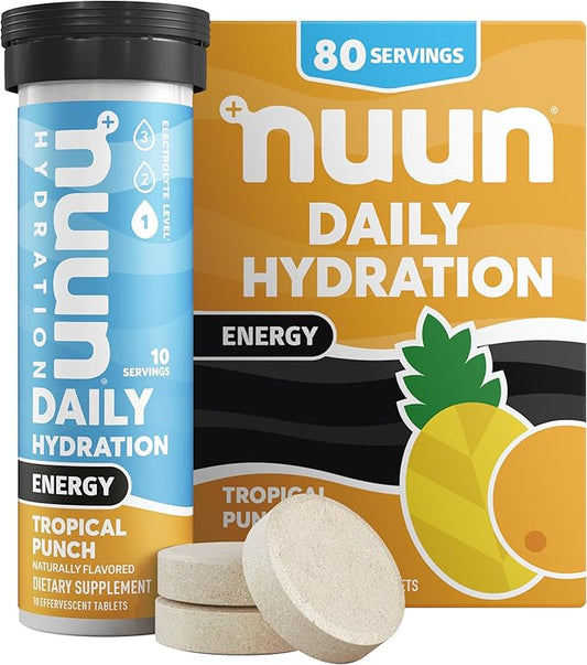 Nuun Energy Electrolyte Tablets with Ginseng, Caffeine from Green Tea Extract, Vitamin B12, B6, B5, Magnesium & 4 Other Electrolytes, Gluten Free & Vegan, Tropical Punch, 8 Pack (80 Servings Total)