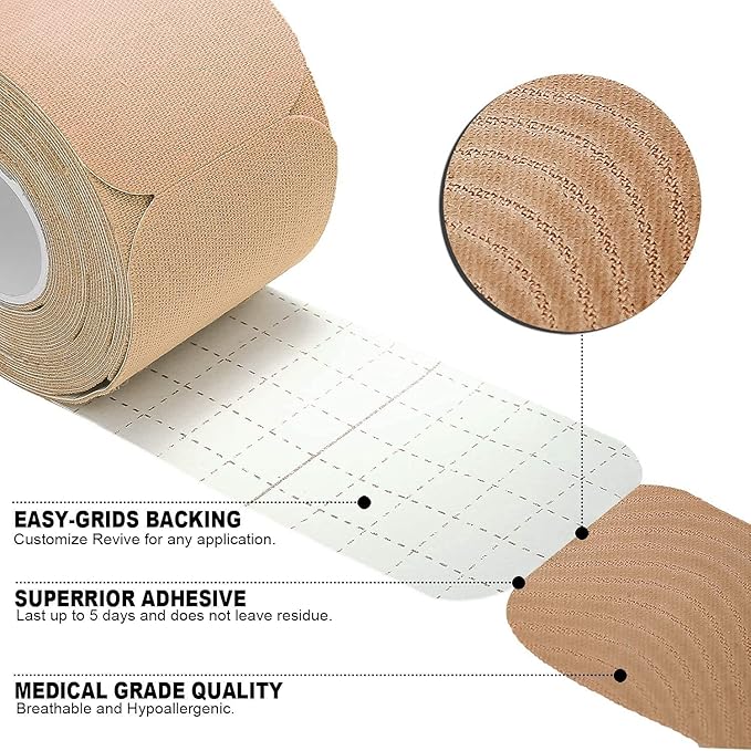 REFUN Kinesiology Tape Precut (4 Rolls Pack), Elastic Therapeutic Sports Tape for Knee Shoulder and Elbow, Pain Relief, Waterproof, Latex Free, 2" x 16.5 feet Per Roll, 20 Precut 10 Inch Strips Beige