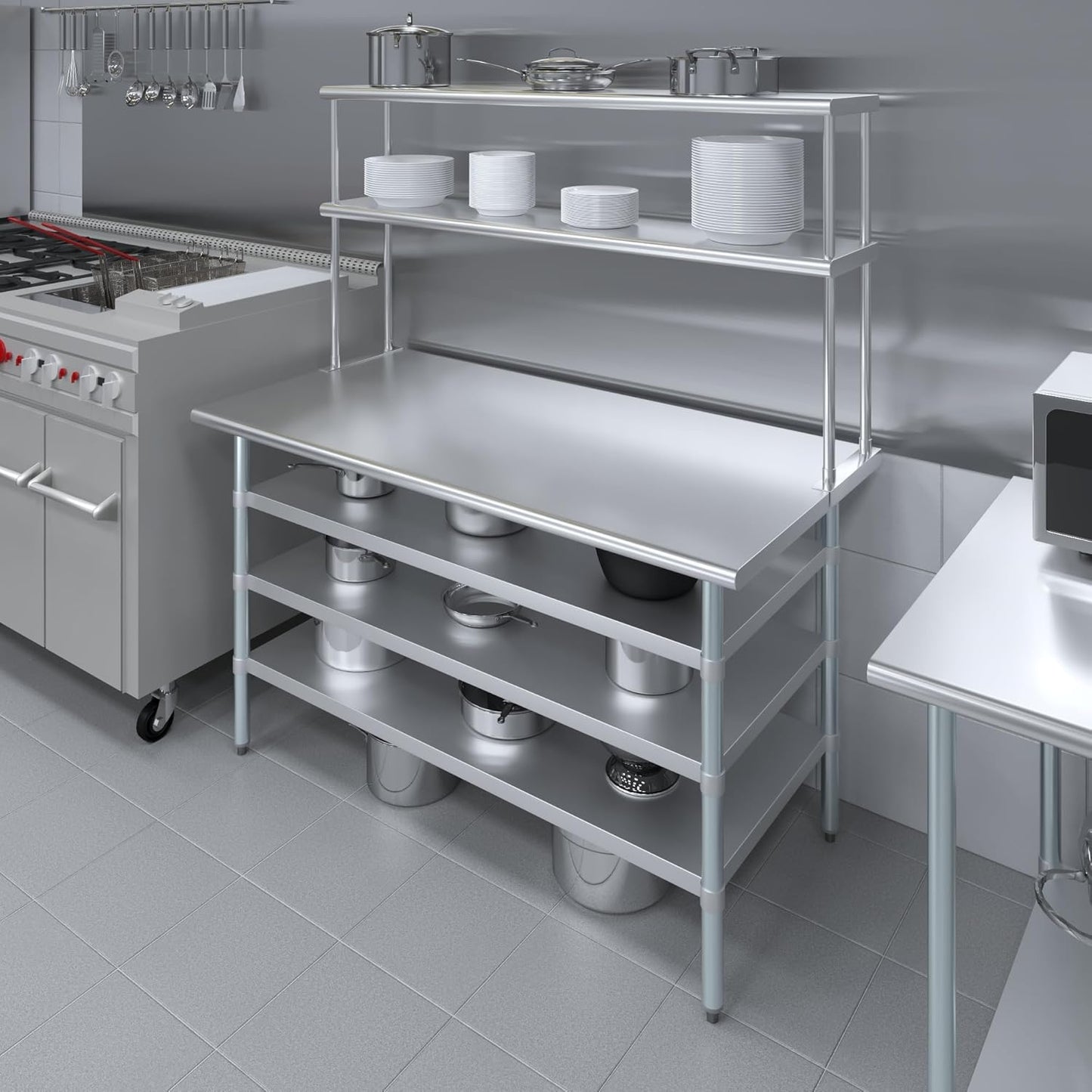 Amgood 30" x 60" Stainless Steel Work Table with 3 Shelves and 12" Wide Double Tier Overshelf | Metal Kitchen Prep Table & Shelving Combo | NSF