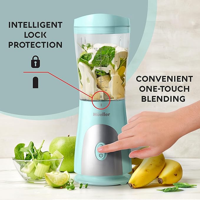 Mueller Smoothie Blender for Smoothies - Personal Blender for Shakes, Frozen Drinks, Baby Food & More, 15oz Travel Cup and Lid, Durable Stainless Steel Blades for Powerful Blending Performance