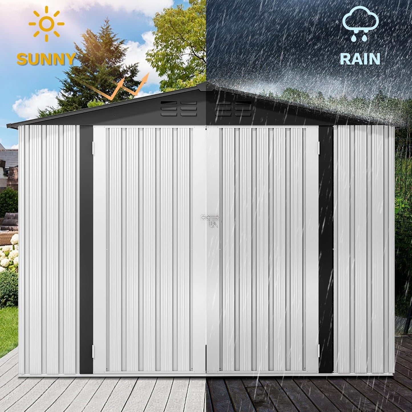 DWVO 8x6ft Metal Outdoor Storage Shed, Waterproof Tool Shed Heavy-Duty Storage Unit with Lockable Door and Vents, Ideal for Bicycles, Tools, Lawnmowers, Backyards, Patios, Lawns - White