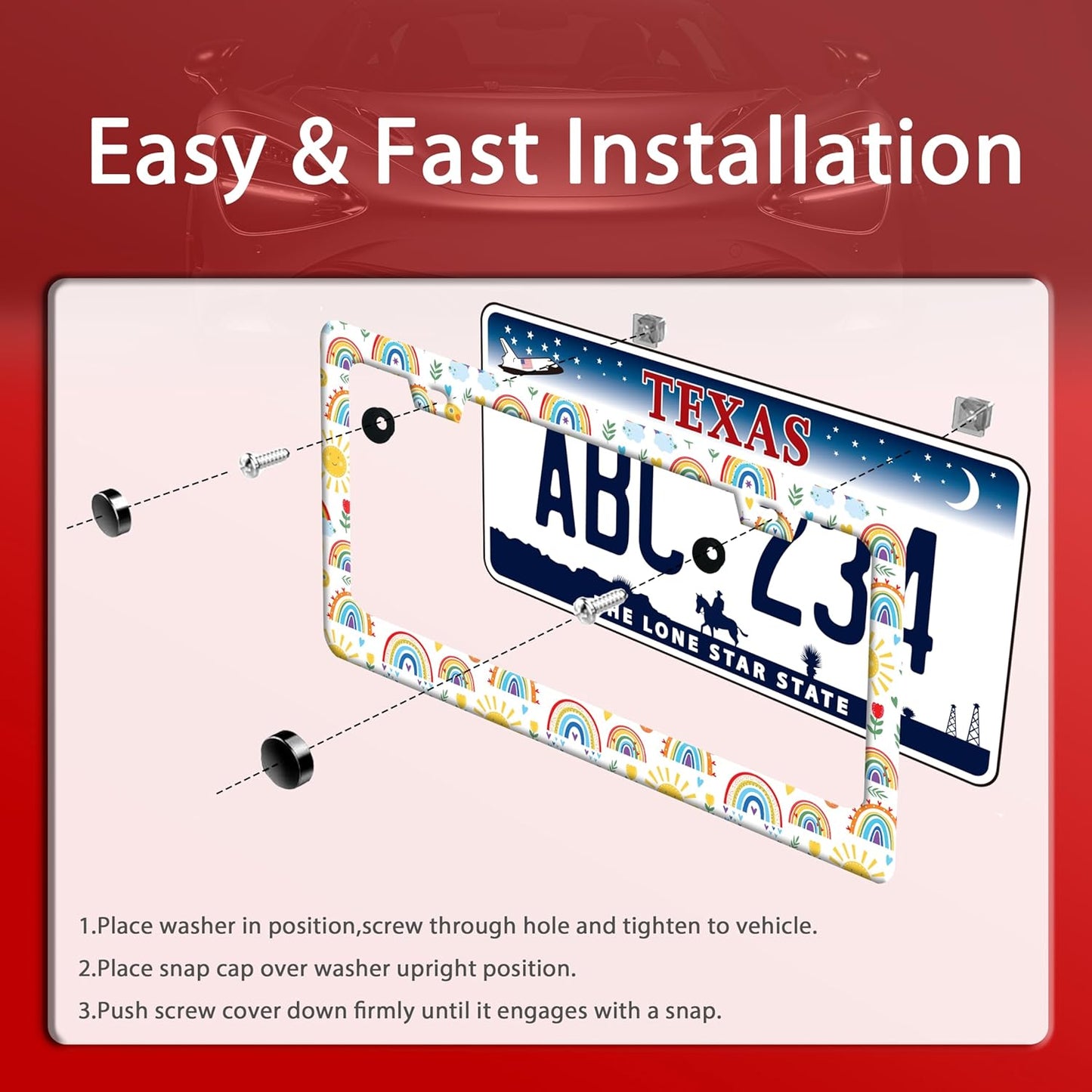 Cute Rainbow License Plate Frame Personalized License Plate Frames Colorful Auto Accessories Bracket Stainless Steel License Plate Holder 6x12 Inch