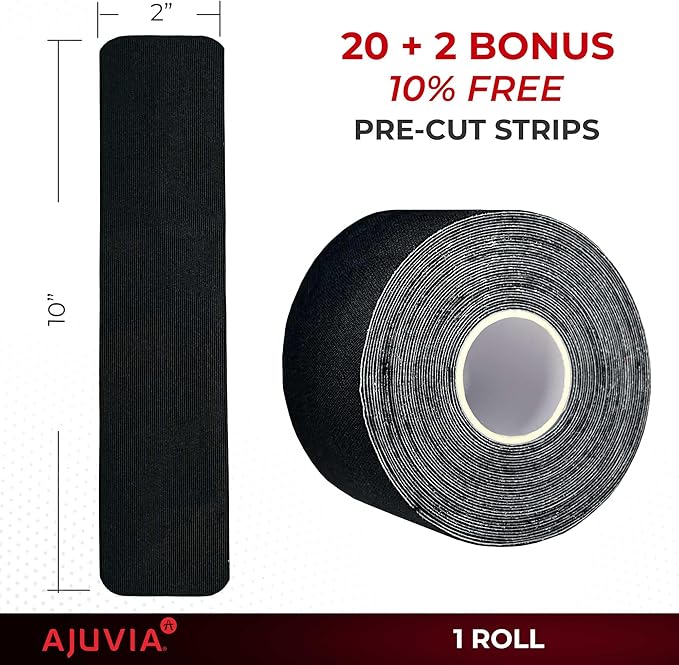 AJUVIA Synthetic Kinesiology Tape, 1 Roll, 10% Bonus, 20 + 2 Precut Strips, Lasts up to 14 Days, Hypoallergenic and Waterproof K Tape for Muscle Pain Relief and Joint Support