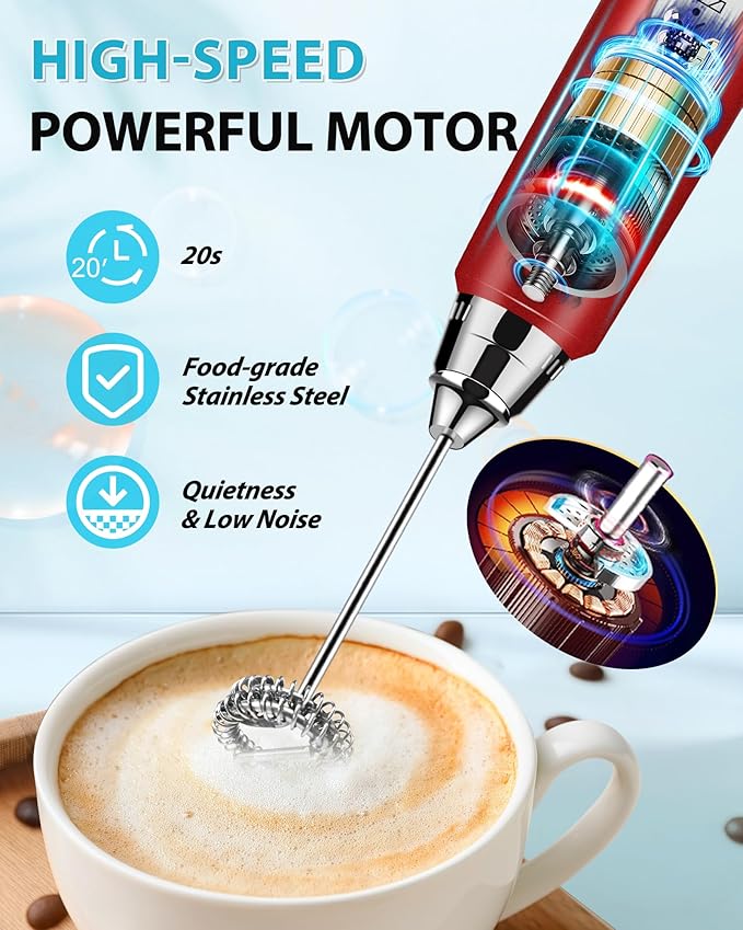 Milk Frother Rechargeable Handheld-Electric Whisk 3 Speed Adjustable, Frother Wand Coffee with 3 Stainless Whisks, Electric Foam Maker, Drink Mixer Blender for Latte Cappuccino Matcha Egg