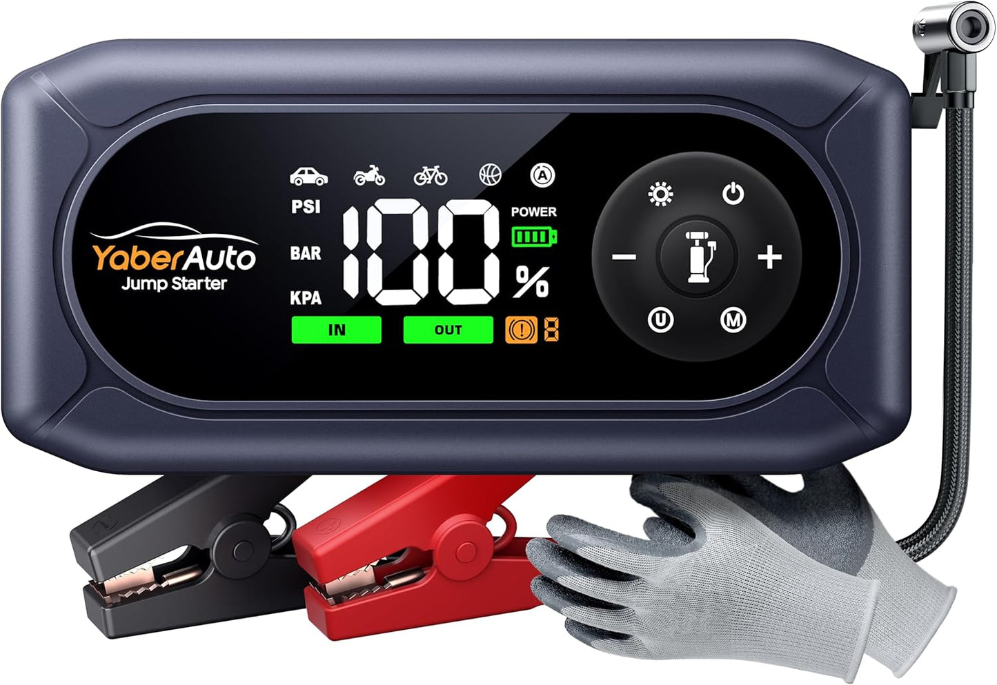 YaberAuto 9-in-1 Jump Starter with Air Compressor 4500A 150PSI Portable Car Battery Jump Starter (9L Gas/8L Diesel), Jump Box Car Battery Jumper Starter Portable Jumper Cables, Insulated Gloves, Light