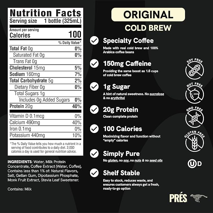 Protein Coffee - 100% Arabica Beans Real Cold Brew - 20g Ready To Drink Protein - 1g Sugar - 100 Calories - No Added Sugar, 99% Lactose Free Keto Friendly Proffee - 11 FL OZ - 12pk Original