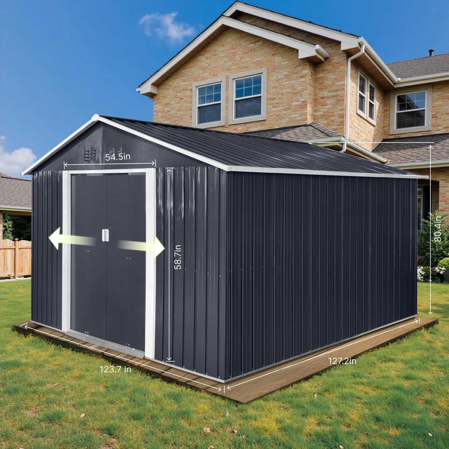 11.2' x 10.6' XL Outdoor Storage Shed, Sturdy Metal Building w/Windows & Lockable Doors for Garden, Backyard, Poolside and Lawn, Anthracite