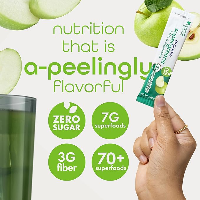 Zena Nutrition Organic Super Greens Powder, 70+ Superfoods, 0 Sugar, 3G Fiber, Spirulina, Chlorella, Antioxidants, Prebiotics/Probiotics, Digestive Enzymes, Green Apple, 30 Drink Mix Packets