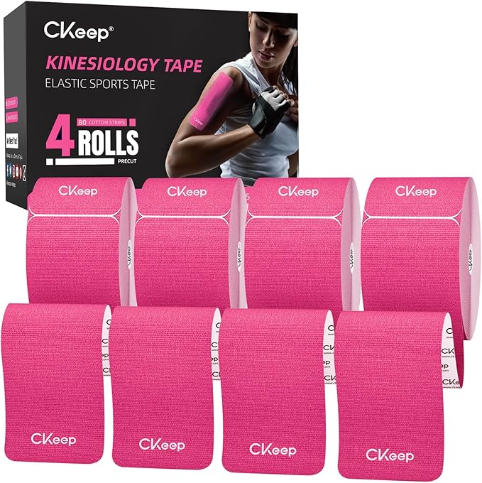CKeep 4 Rolls Kinesiology Tape, Original Cotton Elastic Athletic Tape, 20 Precut 10" Strips Each, Pink, Ideal for Muscle Support & Injury Prevention