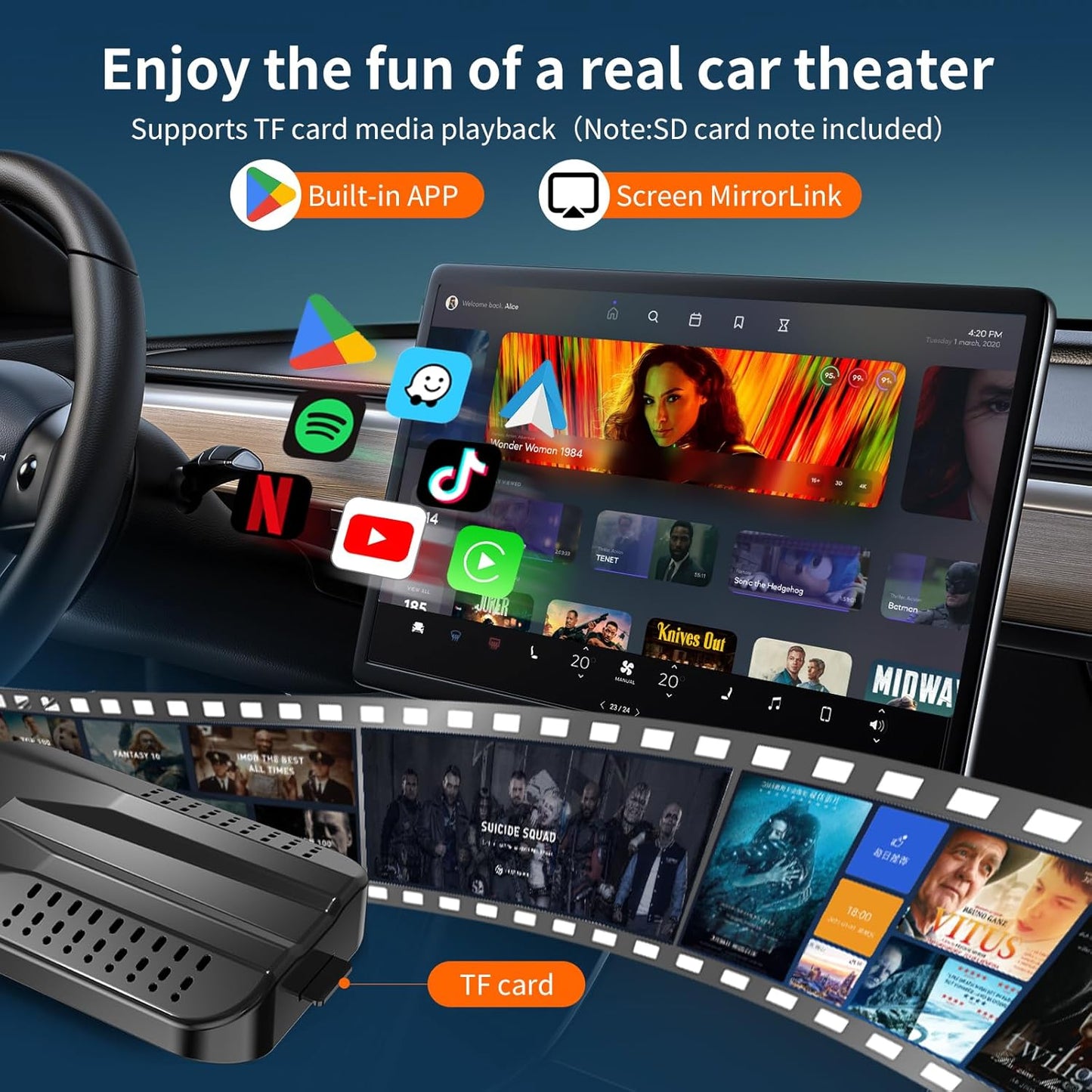 Wireless Carplay & Android Auto Adapter, 2025 Upgrade Carplay Ai Box Support Netflix/YouTube/TikTok/TF Card,Plug&Play, Mirror Link, Easy Setup, for Cars Equipped with OEM Wired CarPlay