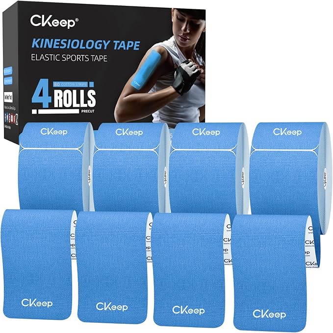 CKeep 4 Rolls Kinesiology Tape, Original Cotton Elastic Athletic Tape, 20 Precut 10" Strips Each, Light Blue, Ideal for Muscle Support & Injury Prevention