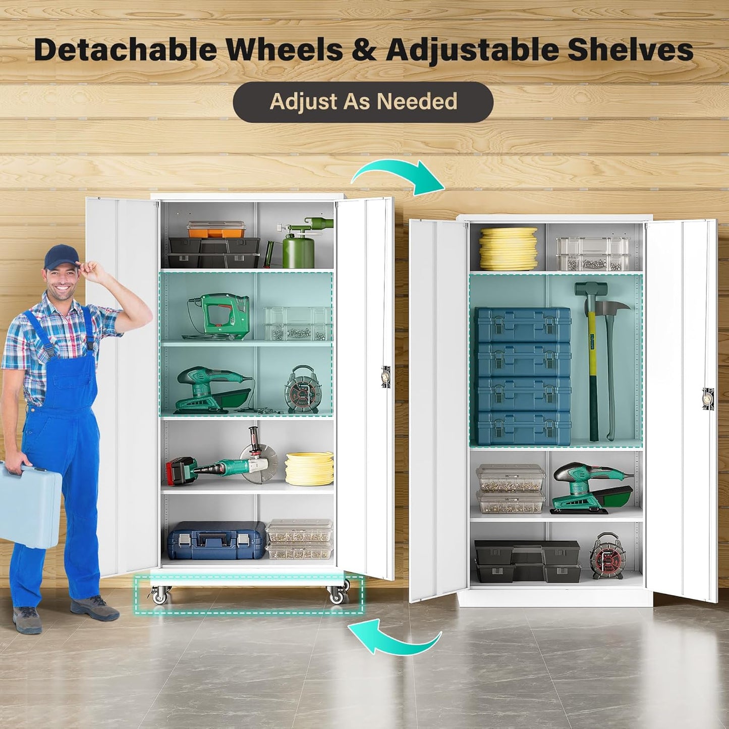 75" Tall Metal Storage Cabinet with Wheels,Rolling Garage Storage Cabinet with Lock,White Metal Cabinets with Wheels and Shelves,Tool Cabinets on Roller for Garage,Home,Office,Shop