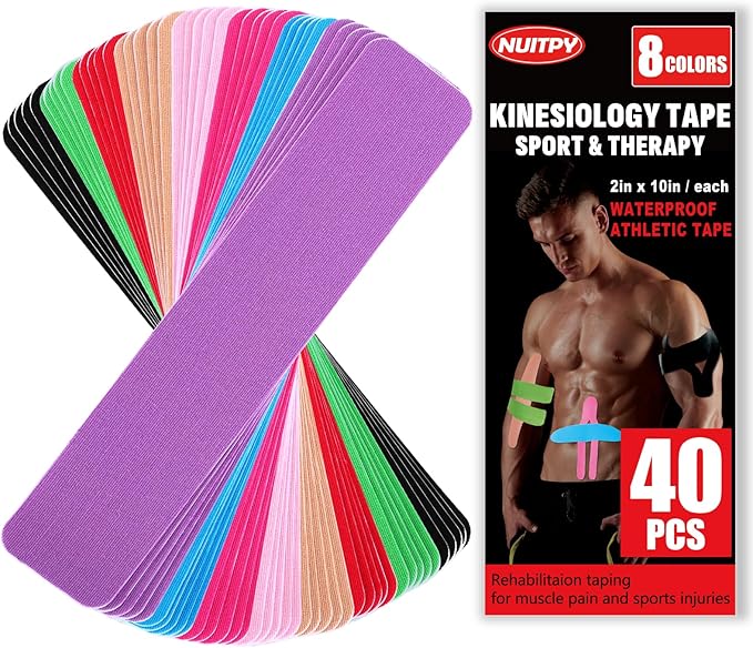 40PCS Precut Kinesiology Tape Strips, 8 Colors 2 inch x 10 inch Cotton Athletic Tape, Kinetic Tape, Elastic Muscle Tape, Sports Tape, Knee Tape for Exercise and Daily Use