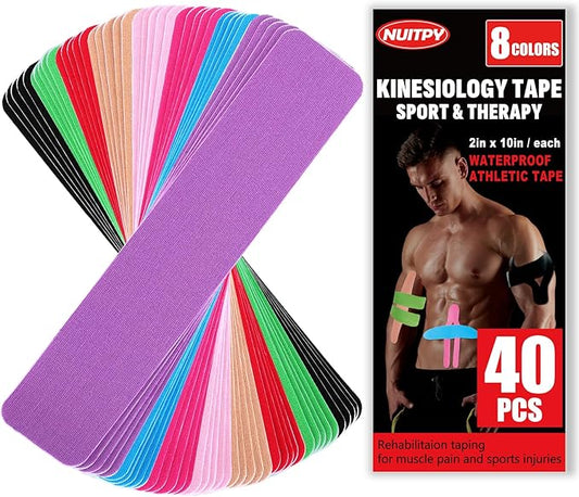 40PCS Precut Kinesiology Tape Strips, 8 Colors 2 inch x 10 inch Cotton Athletic Tape, Kinetic Tape, Elastic Muscle Tape, Sports Tape, Knee Tape for Exercise and Daily Use