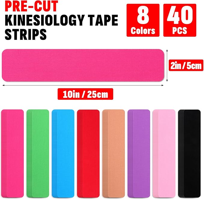 40PCS Precut Kinesiology Tape Strips, 8 Colors 2 inch x 10 inch Cotton Athletic Tape, Kinetic Tape, Elastic Muscle Tape, Sports Tape, Knee Tape for Exercise and Daily Use