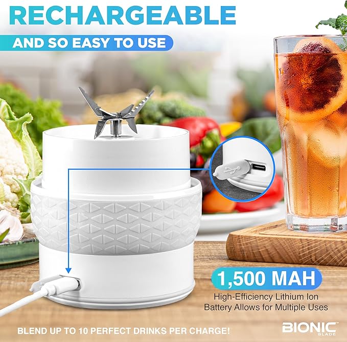 Bionic Blade Personal Blender 26.5 oz, with Extra Shaker and Lid, Cordless, Air Tight, Rechargeable 18,000 RPM Portable Blender for Shakes, Smoothies, Juice and Sauces 8.6”