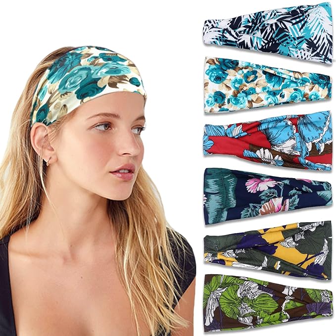 IVARYSS Headbands for Women, Non-Slip, Premium Stretchy Head Bands Hair Accessories,Wear for Yoga, Fashion, Working Out, Travel or Running, 6 Pack, Floral