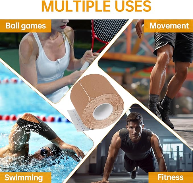 Dimora Uncut Kinesiology Tape, Original Cotton, 16' Elastic Athletic Tape for Muscle Pain Relief and Joint Support, 4 Rolls, Beige