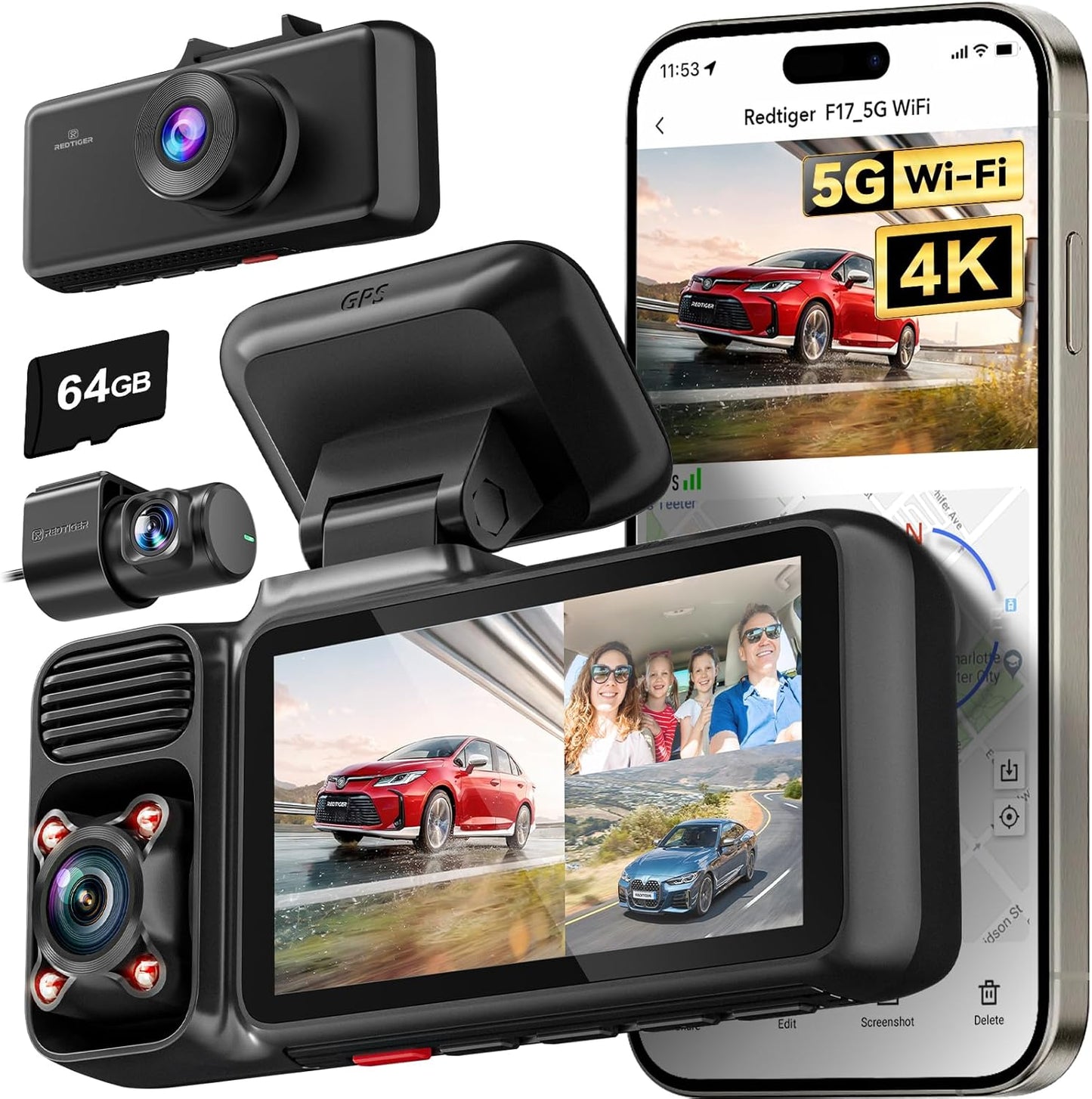 REDTIGER F17 4K 3 Channel Dash Cam, 5GHz WiFi Built-in GPS with 64GB Card, 2160P+1080P+1080P Front and Rear Inside, Triple Car Camera with 3 Inch Screen, IR Night Vision, G Sensor, WDR, Parking Mode