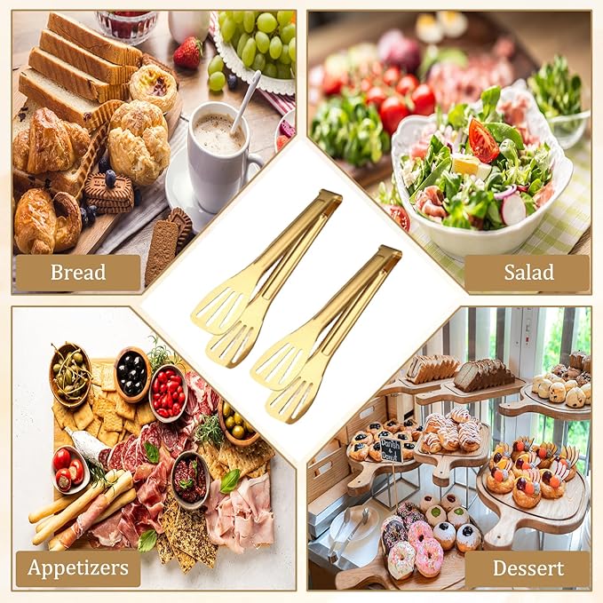 6 Pack Serving Tongs Kitchen Tong, 7 Inch Gold Buffet Tongs, Stainless Steel Food Tong Small Tong, Serving Tong for Buffet, Party, Salad, Appetizers