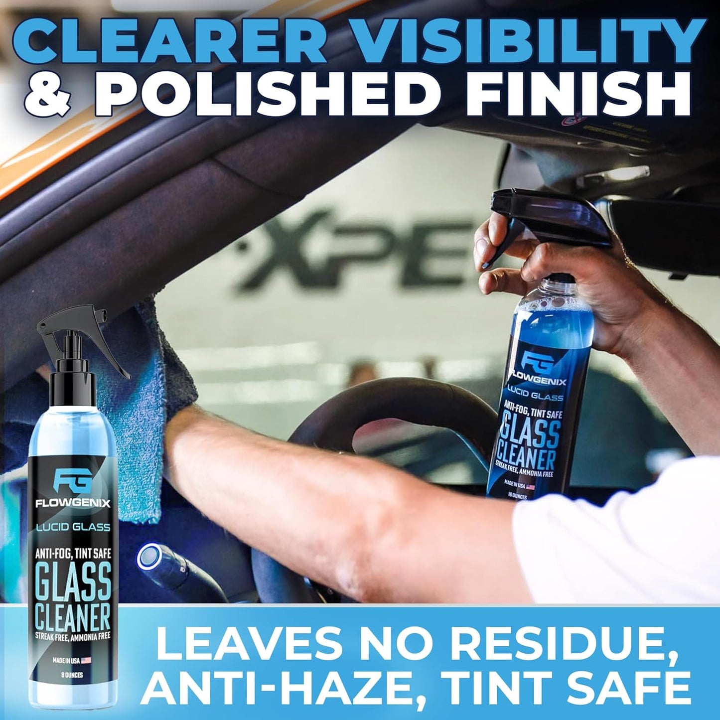 Window and Glass Cleaner Streak Free for Cars - Ammonia Free, Tinted Window Safe, Auto Glass Cleaner for Windows, Mirrors, Navigation Screens; Car, Truck, SUV and Home Use