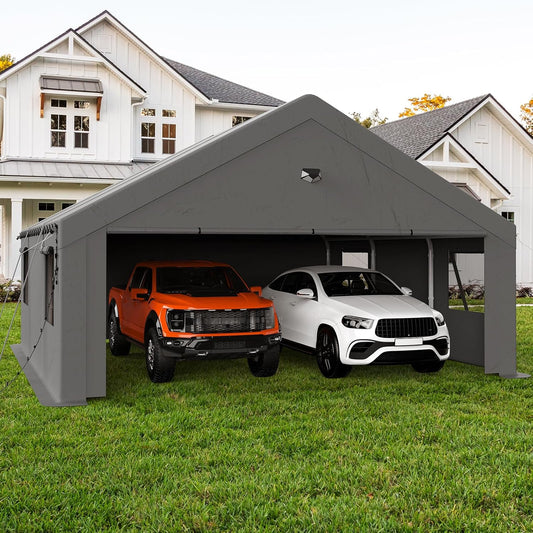 20x20 Carport, Heavy Duty Carport Canopy Garage with Removable Sidewalls and Drive Through Roll Up Zipper Doors, Grey