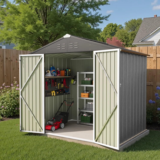 Greesum 8×6FT Outdoor Storage Shed, Metal Patio Storaged Sheds with Lockable Doors, Sheds & Outdoor Storage for Bike, Backyard, Pool and Garden, White