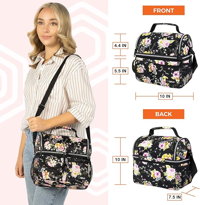 opux Lunch Bag Women Insulated, Adult Lunch Box Cooler, Flower Lunch Box, Dual Compartment Lunchbox for Work, Leakproof Double Decker Lunch Bag, Soft Lunch Pail Tote Girls Kids School, Floral Black