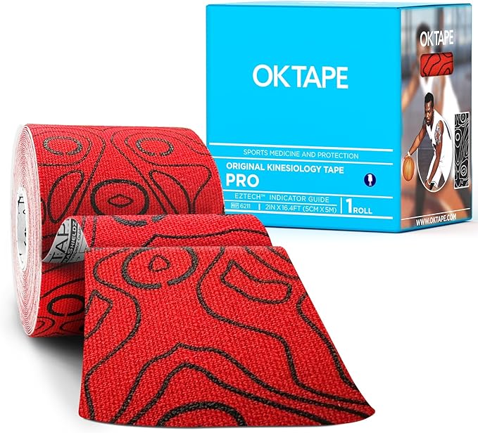 OK TAPE PRO Kinesiology Tape Uncut Roll, Elastic Physical Therapy Athletic Tape for Pain Relief, Muscle Support, Kinetic Tape, Water Resistant, 2in X 16.4ft -Red
