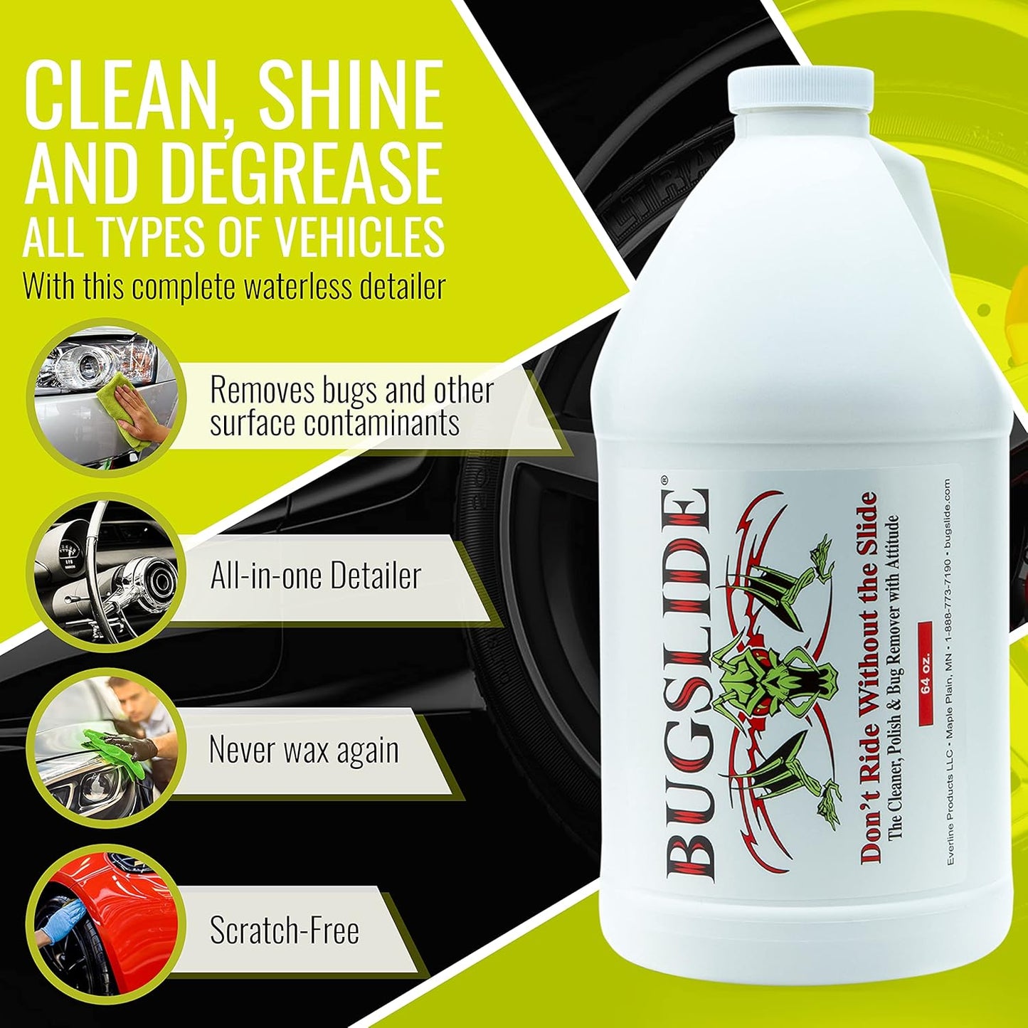 BugSlide 64 Oz Cleaner Refill for Spray Bottles & Travel Kits - All Surfaces Cleaning and Detailing Solution for Vehicle Interior and Exterior Use - Shines, Degreases, Polishes