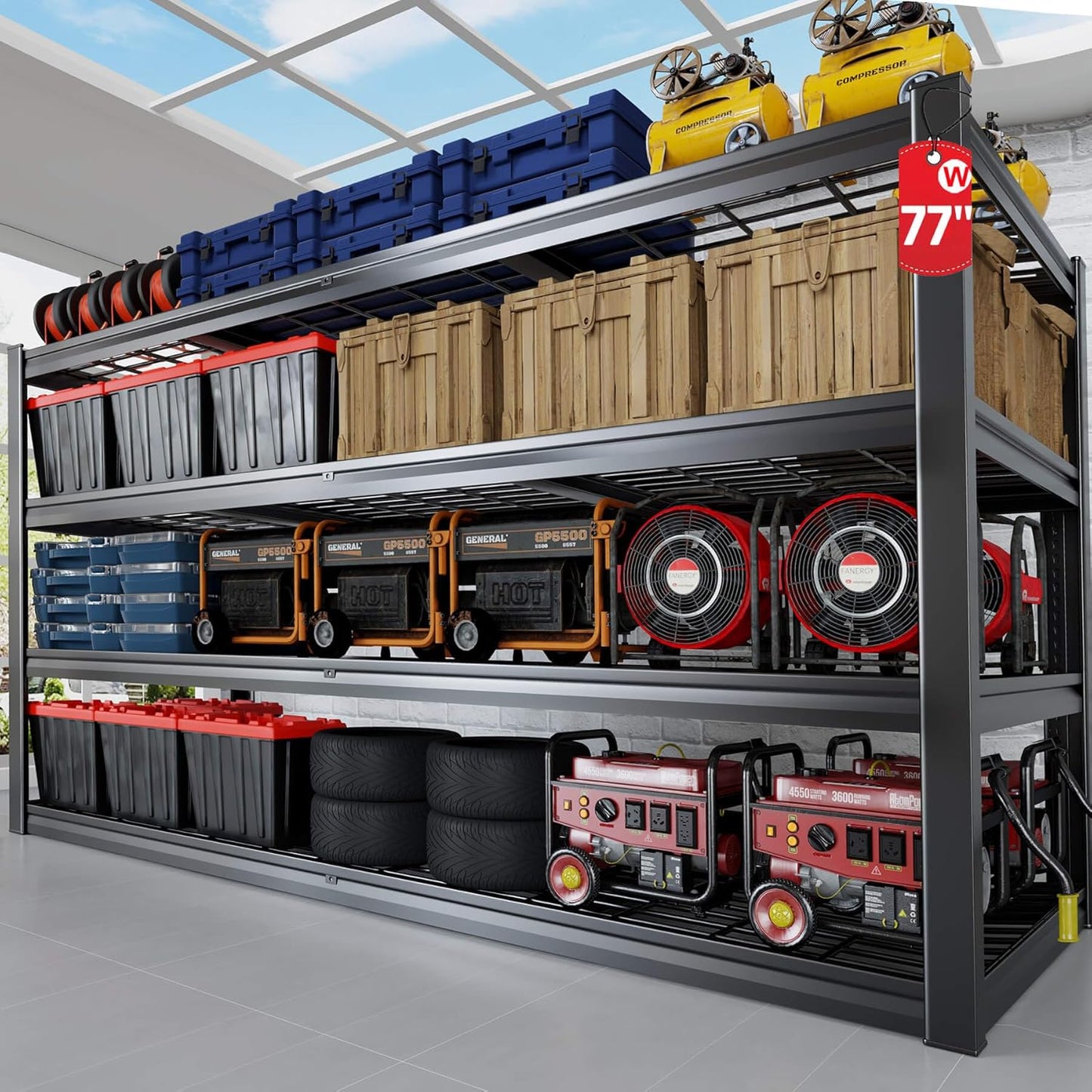 77" W Storage Shelves Heavy Duty Garage Shelving 4 Tier Metal Shelving Unit, Adjustable Shelves, 5000LBS Steel Industrial Shelving for Basement Warehouse Commercial, 77" W*24" D*72”H, Black