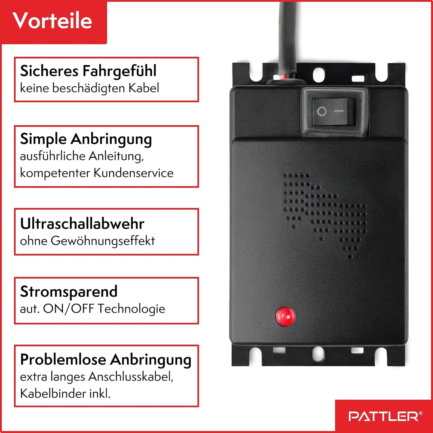 PATTLER® Marten Repellent for Car Engines - Ultrasonic Marten Repeller Under Hood for Immediate and Long-Term Protection Against Martens. Marten Deterrent for Cars Powered by 12V Car Battery - 1 Unit